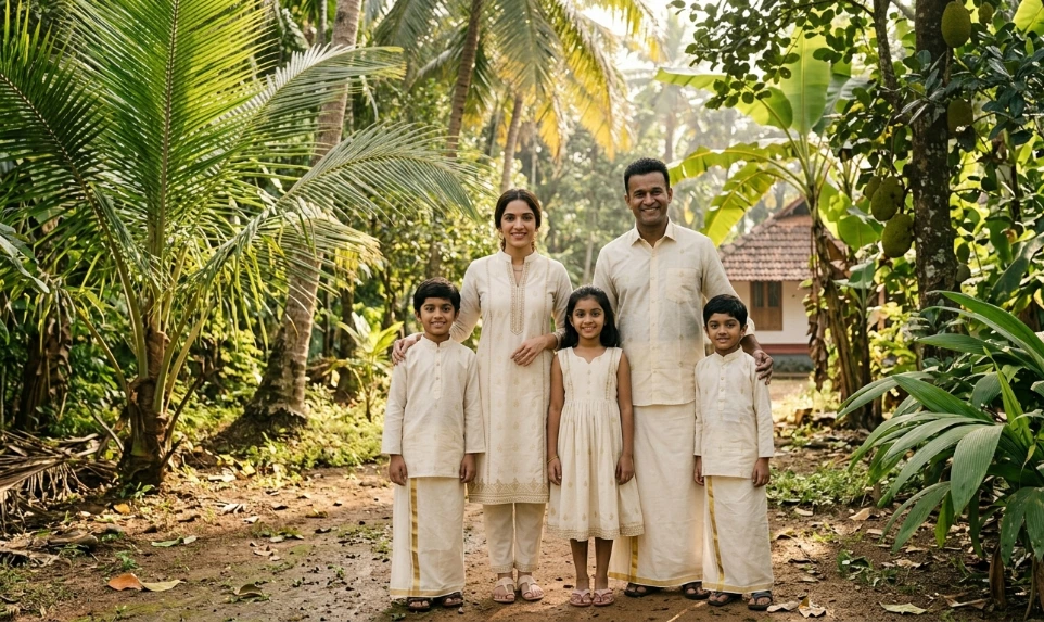 A family wearing traditional and elegant outfit 
